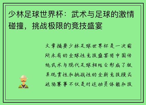 少林足球世界杯：武术与足球的激情碰撞，挑战极限的竞技盛宴