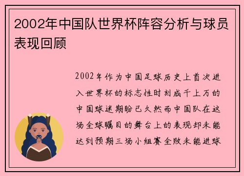 2002年中国队世界杯阵容分析与球员表现回顾