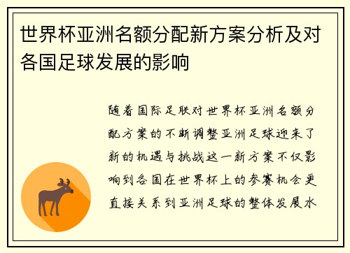 世界杯亚洲名额分配新方案分析及对各国足球发展的影响