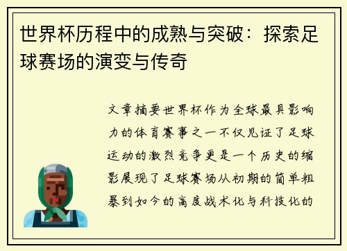世界杯历程中的成熟与突破：探索足球赛场的演变与传奇