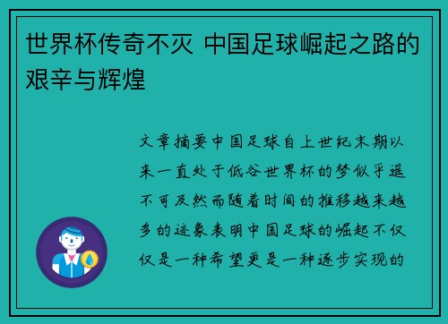 世界杯传奇不灭 中国足球崛起之路的艰辛与辉煌