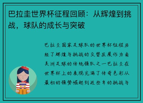巴拉圭世界杯征程回顾：从辉煌到挑战，球队的成长与突破